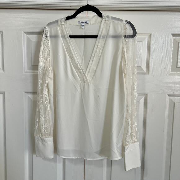 Express Women's Cream V Neck Long Sleeve Lace Arms Pullover‎ Blouse Size Medium - Picture 3 of 9